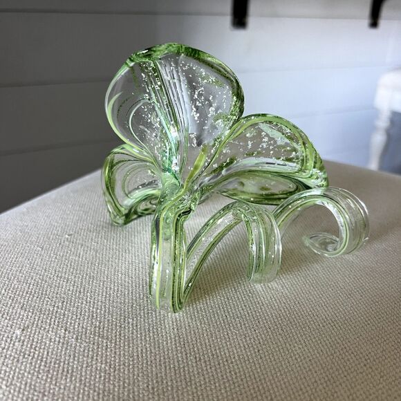 Genuine Murano Flower Vase Hand Blown Art Glass 3-Petal Green White Italy EUC - Picture 9 of 13